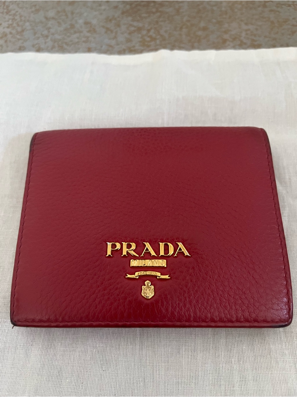 Prada Red Leather Card Key Holder With Gold Logo